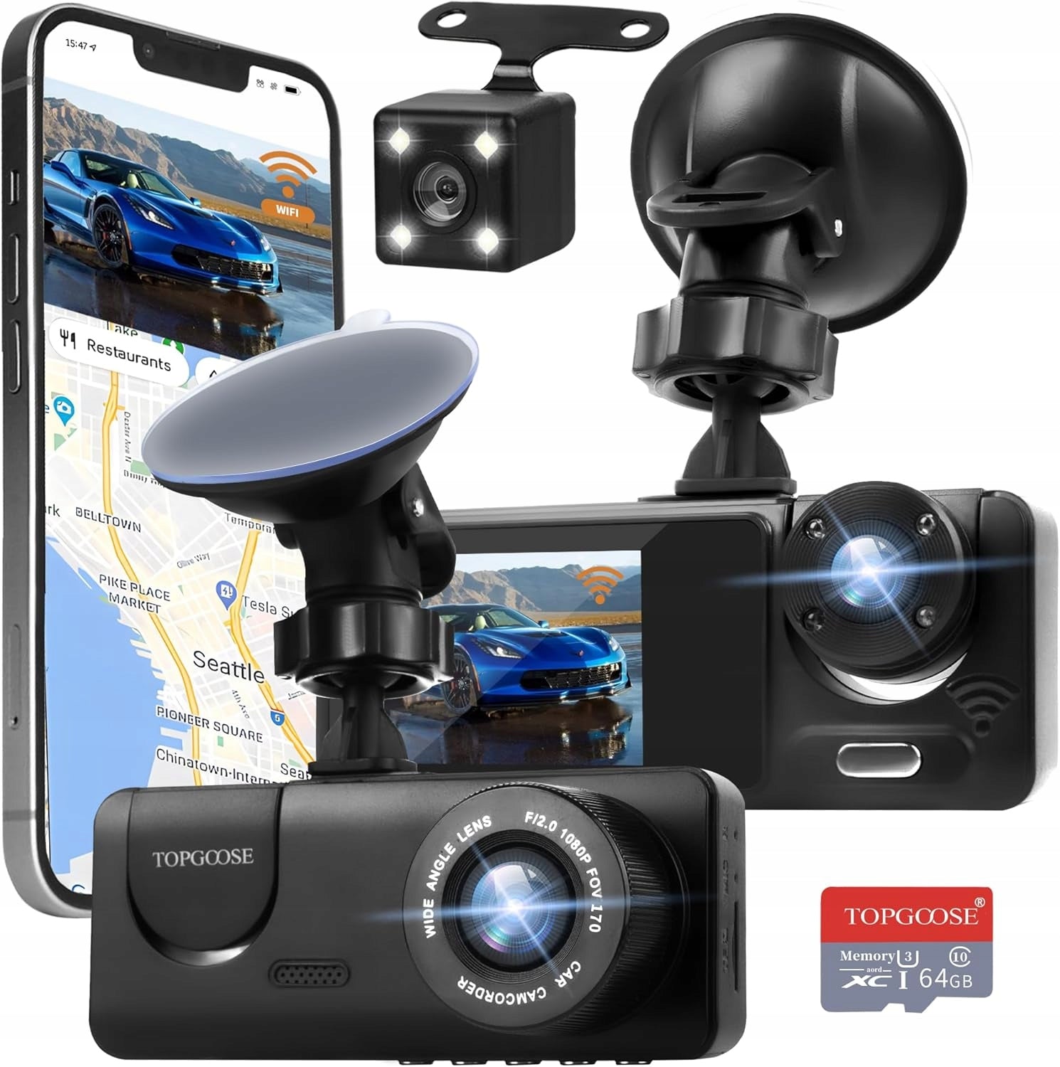 Car camera 3 channels WiFi 1080P front rear night interior +FREEBIE