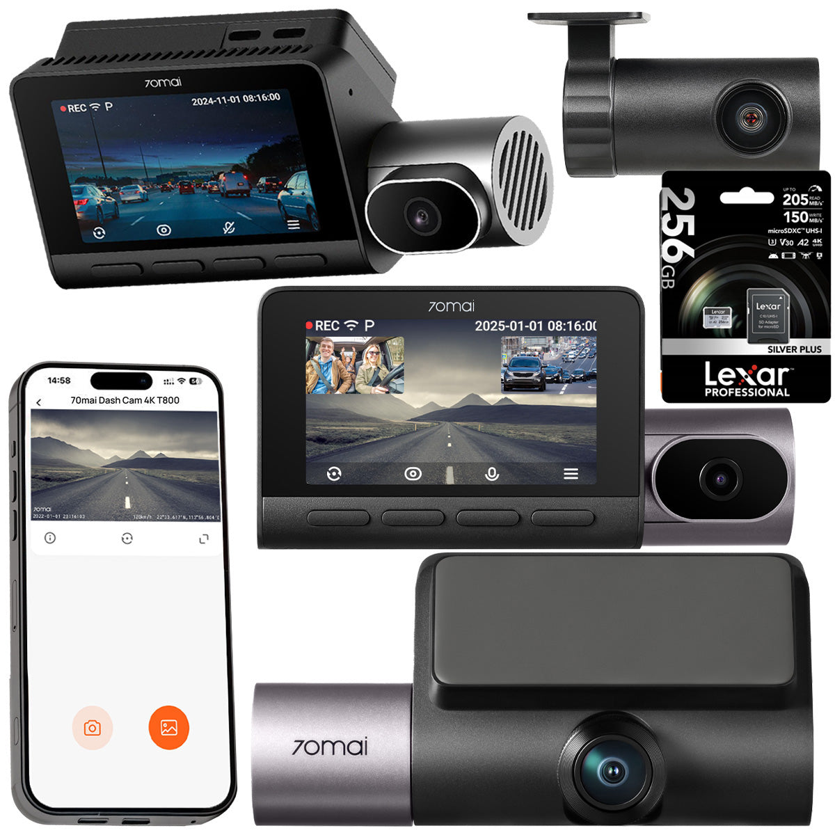 Car camera 70mai 4K HDR SET T800 front and interior + rear RC24 + 256GB