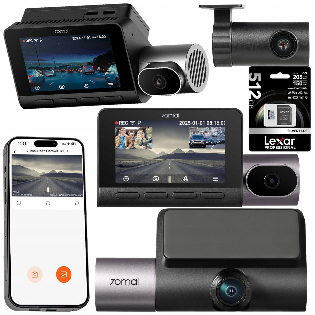Car camera 70mai 4K HDR SET T800 front and interior + rear RC24 + 512GB