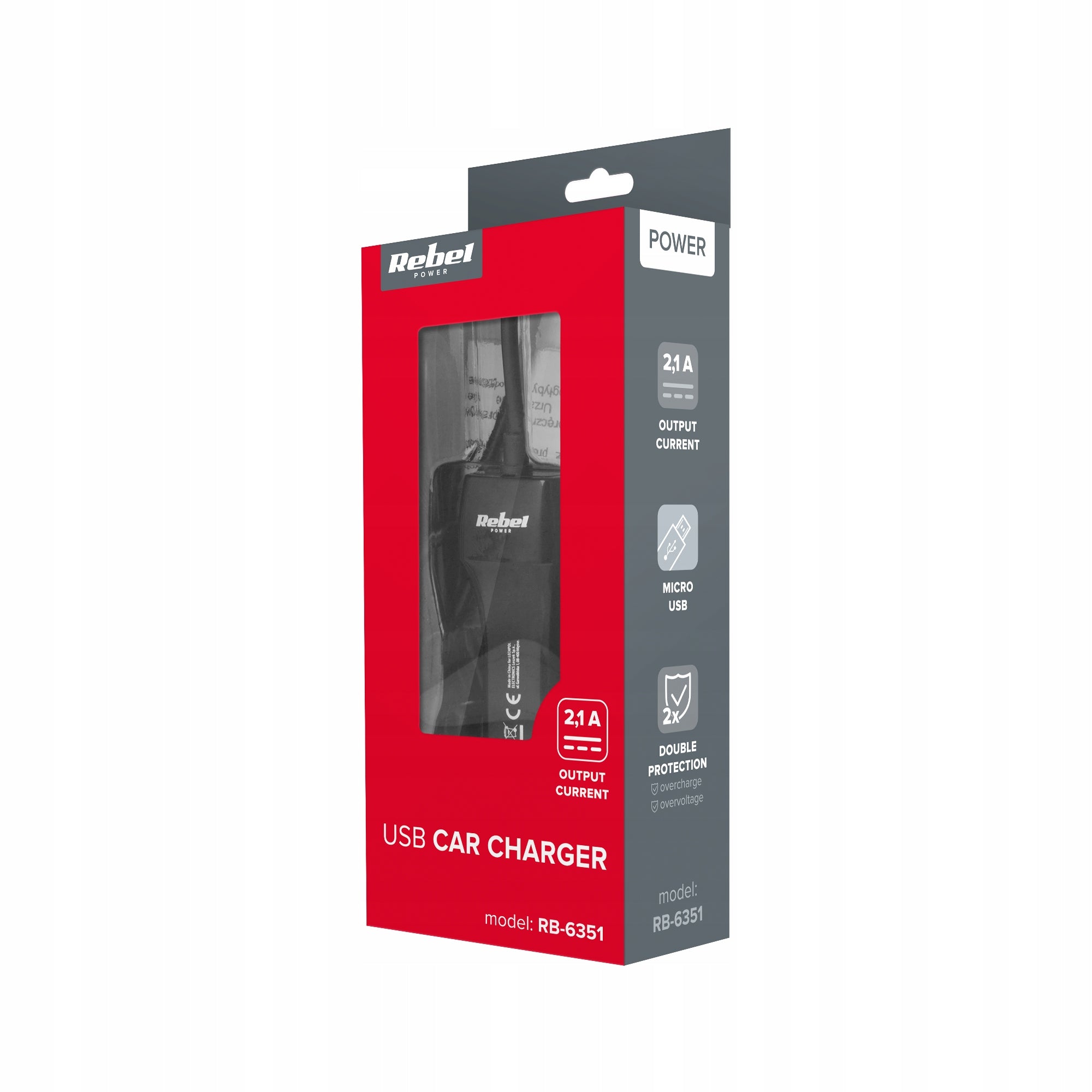 Car charger 5V 2.1A USB microUSB 12V 24V Rebel Manufacturer code RB-6351