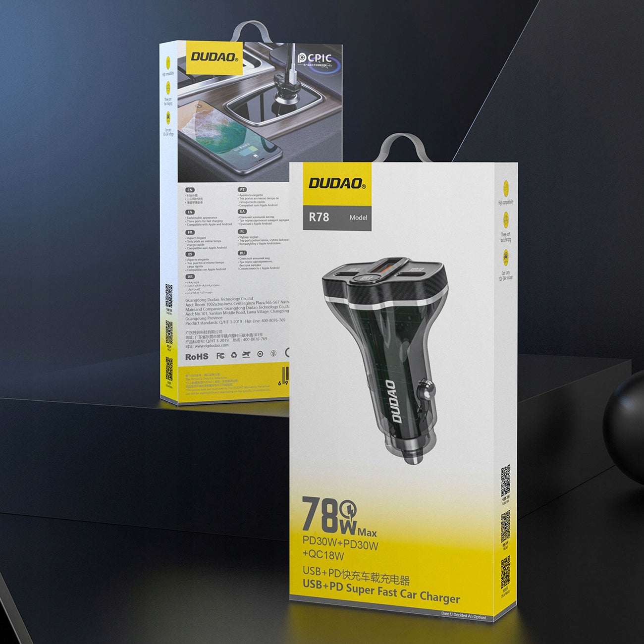 Car charger Dudao R78 78W USB-C PD / 2xUSB-A QC - black Output current 5 mA