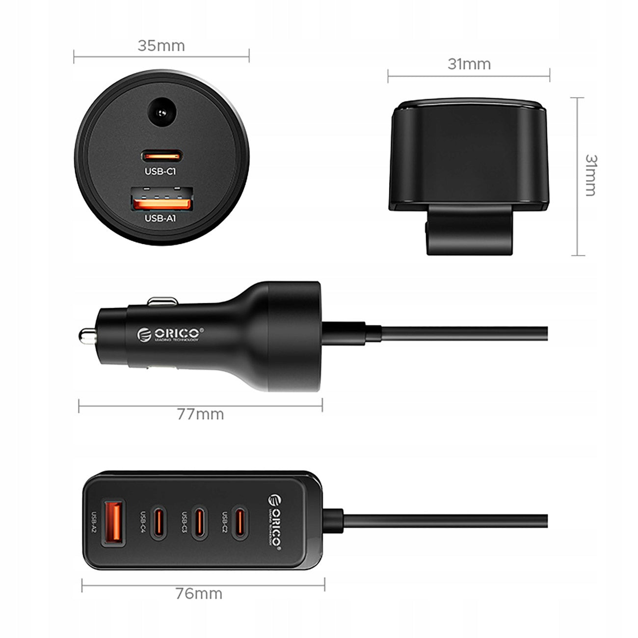 Car charger Orico ChargeClip 108W 2x USB-A 4x USB-C clip black Brand Orico