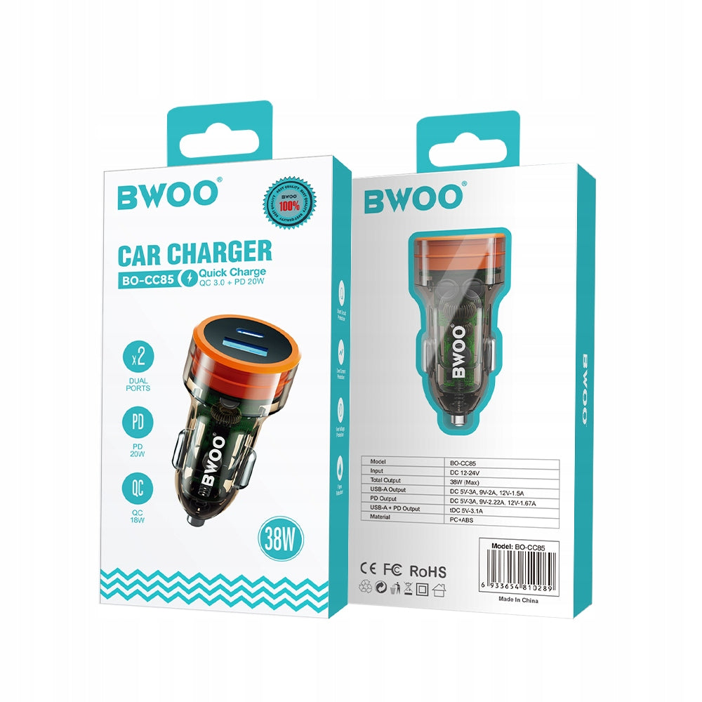 Car charger PD QC 1x USB-C 1x USB 38W transparent BWOO Packaging status original