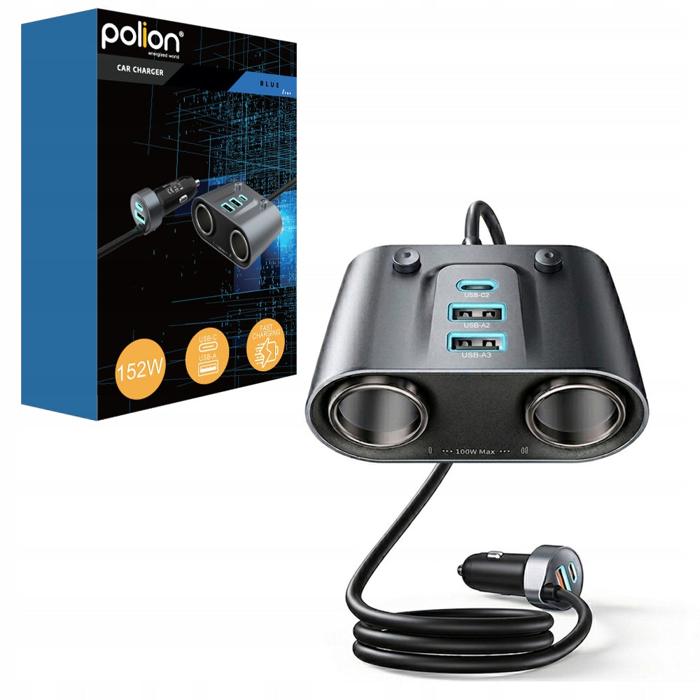 Car charger POLION 152W USB-C USB-A 2x cigarette lighter socket PD QC