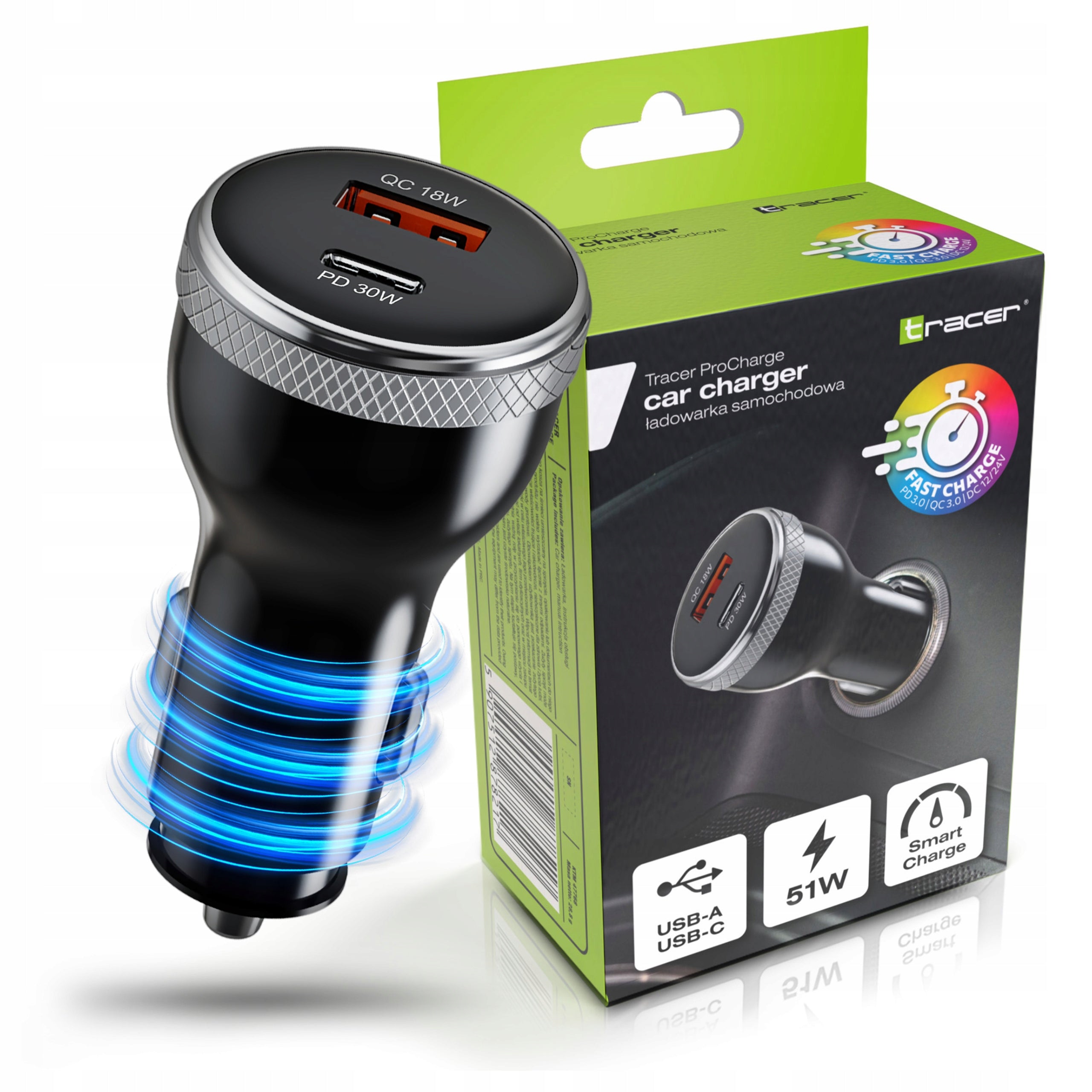 Car charger Tracer 51W fast USB-C/USB-A samsung iphone type c