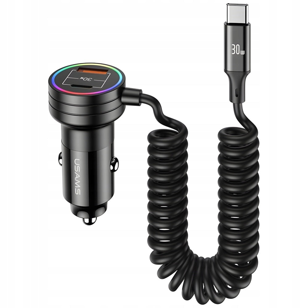 Car charger with USB-C cable, USAMS US-CC167 60W USB-C USB-A + LED Packaging status original
