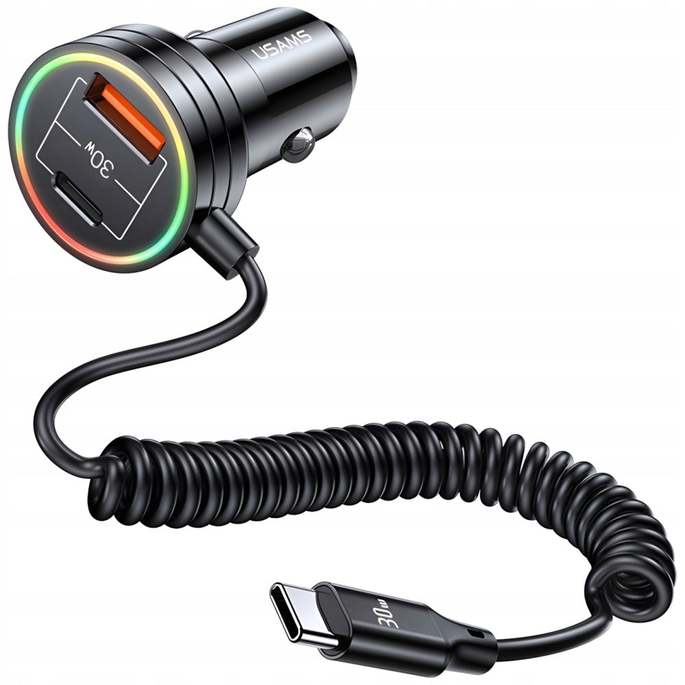 Car charger with USB-C cable, USAMS US-CC167 60W USB-C USB-A + LED