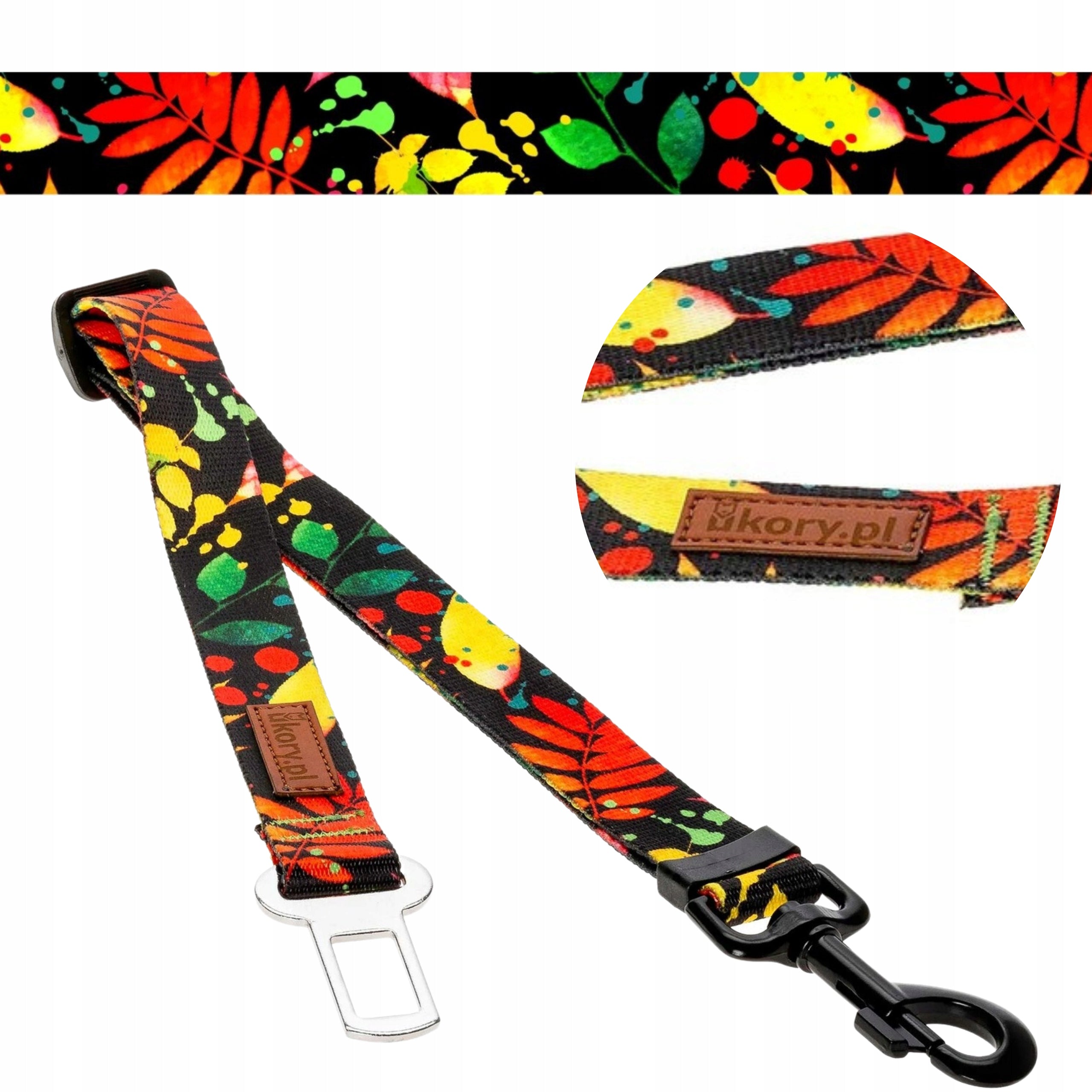 Car clasp for small dog 20 mm 45-75 cm Ukory BLACK leaves