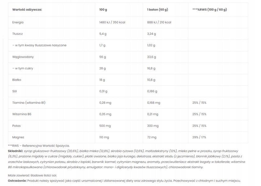Carbohydrate-protein bar Expiration date at least 1 month from the date of purchase