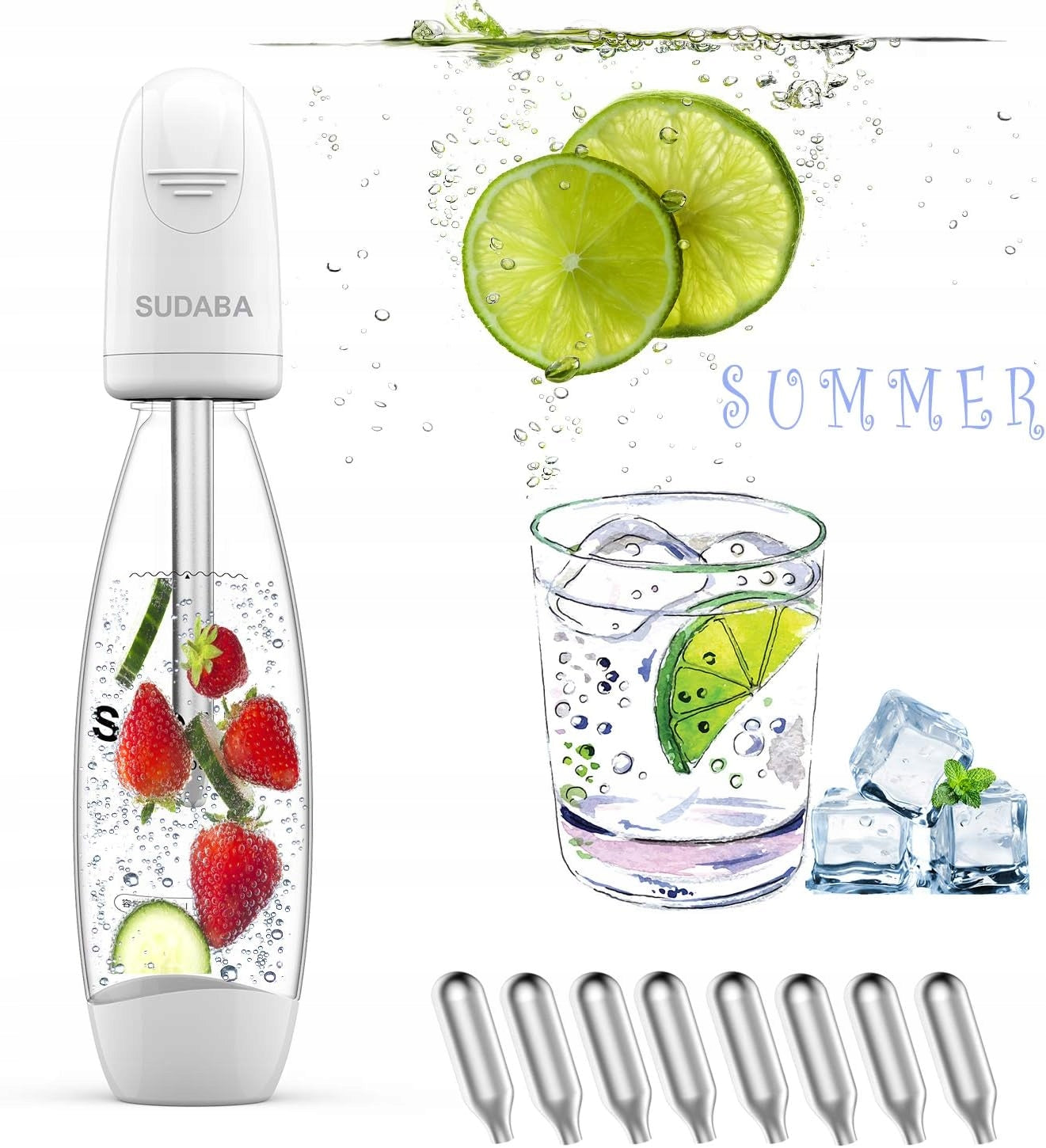 Carbonated Water Saturator Portable + Cartridges 8pcs SUDABA Soda Stream