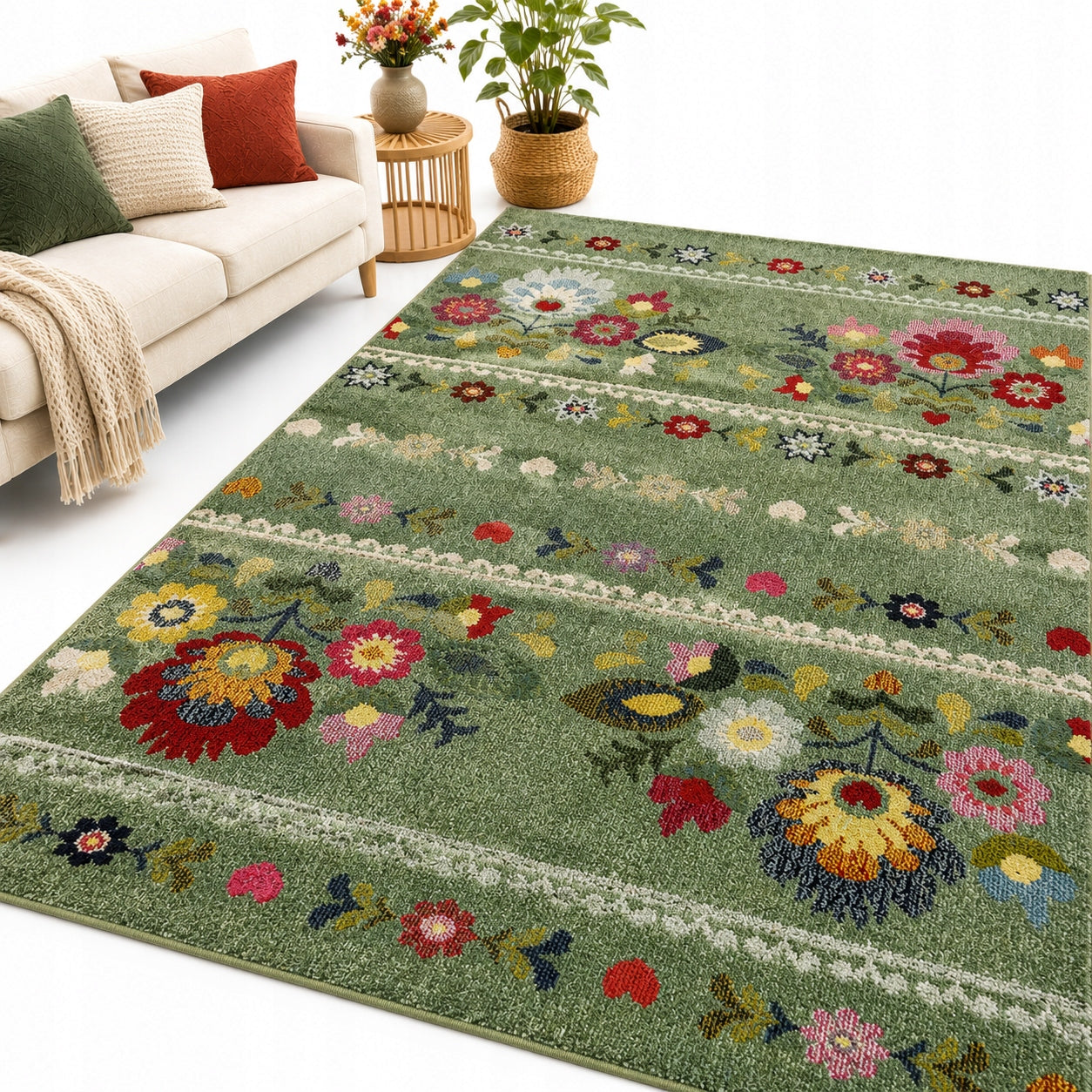 Carpet Folk 140x190 Colorful Flowers Łowicki Folk heat Set Friese Boho