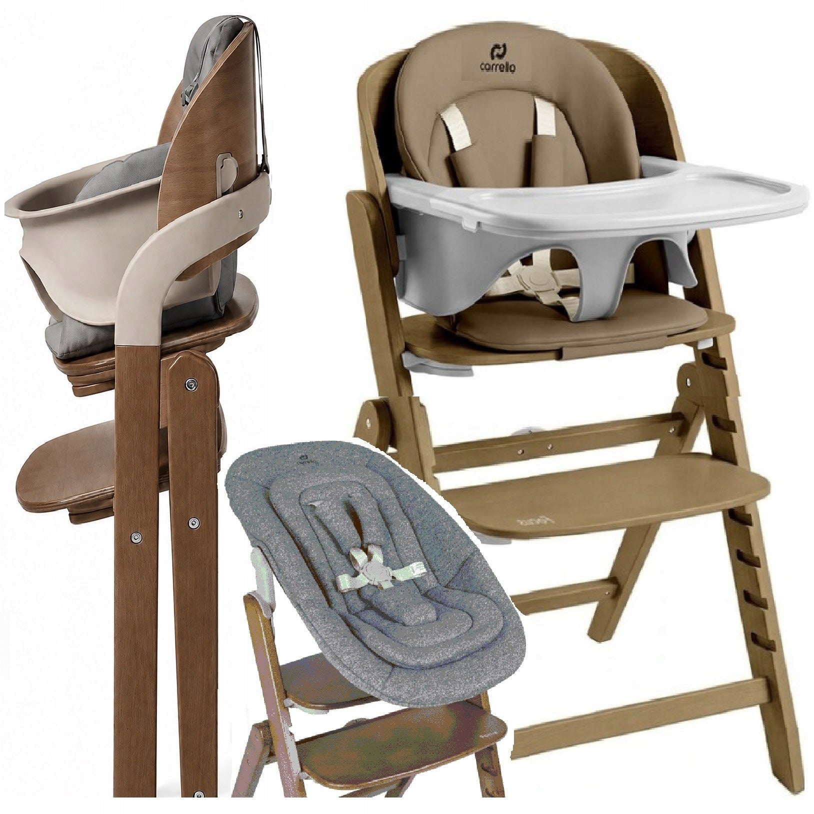 Carrello Folding Wooden High Chair 3in1 Deckchair Feed 130kg Focus, Brown