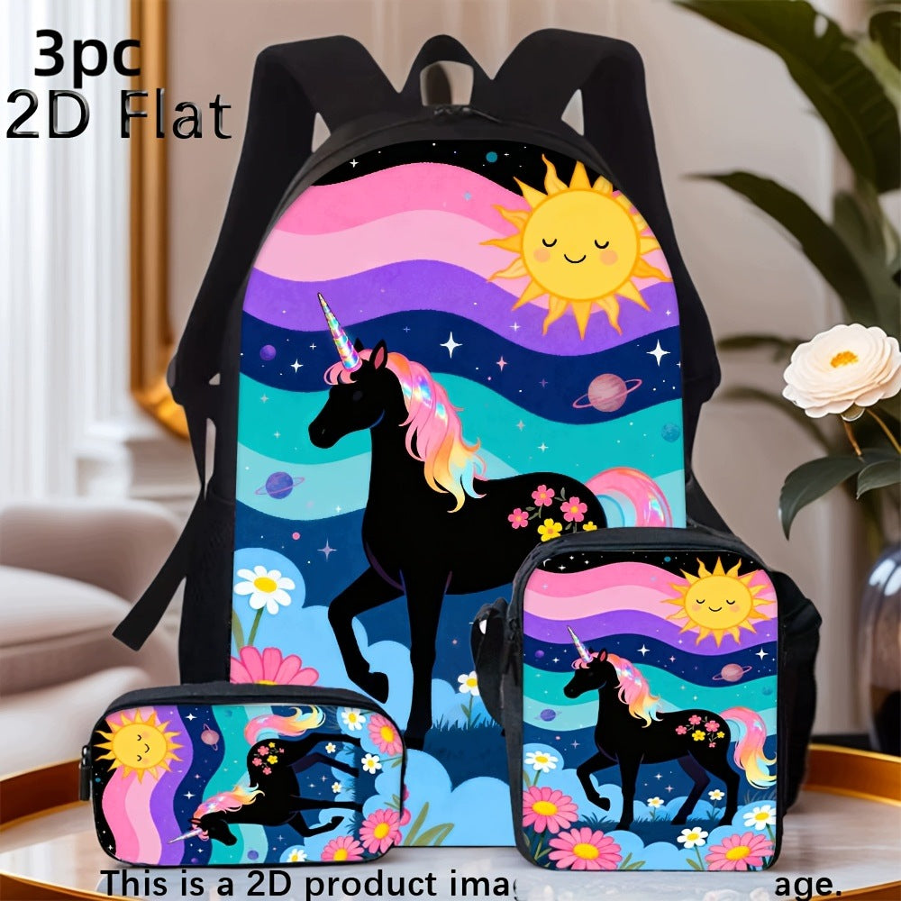 Cartoon Black Unicorn Smiling Sun Starry 3-Piece Backpack Set