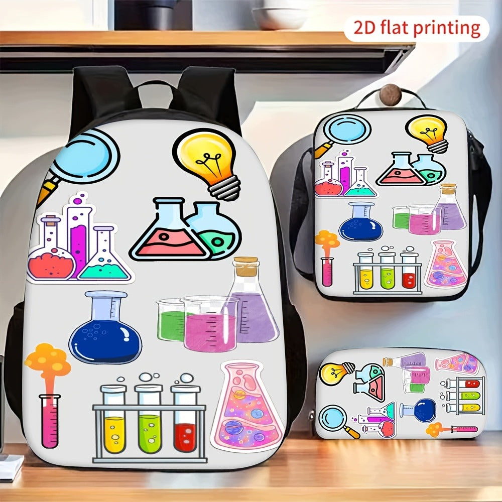 Cartoon Chemical Science Lab Glass Backpack Set Lunch Bag Pencil Case