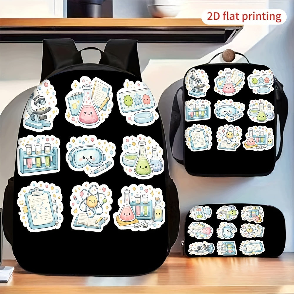 Cartoon Chemistry Science Experiment Pattern Printed Backpack Set