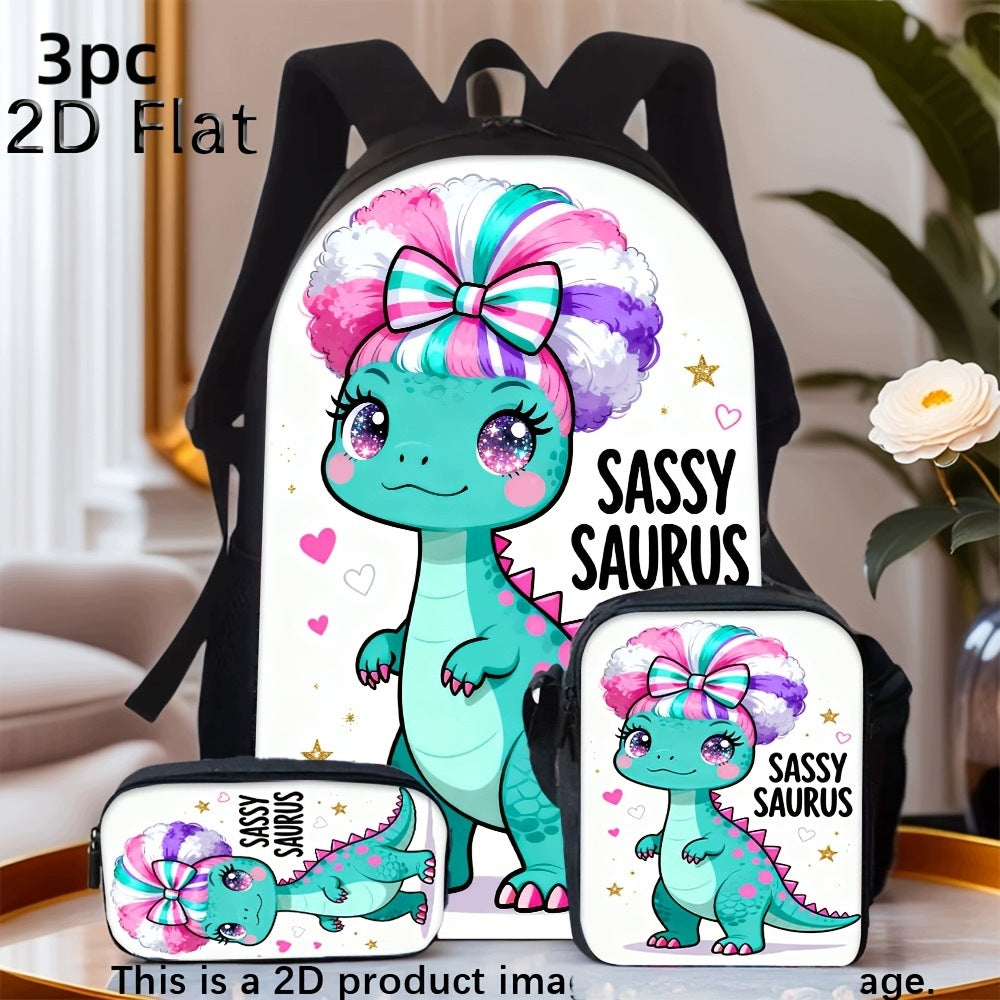 Cartoon Dinosaur SASSY SAURUS Print 3pc Backpack Set with Two Small Bags