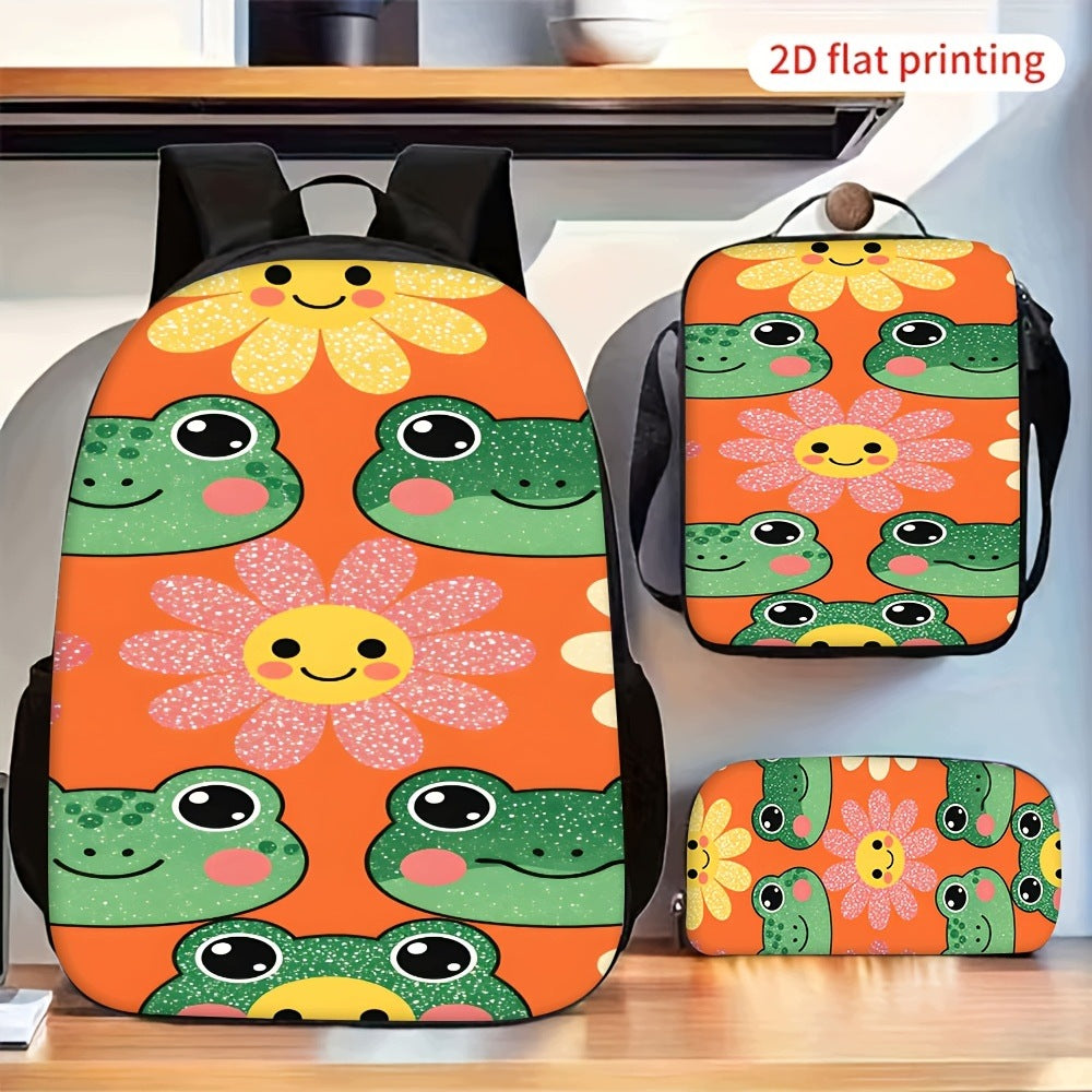 Cartoon Frog Smiling Flower Backpack Set - Includes Crossbody Bag and Pencil Case