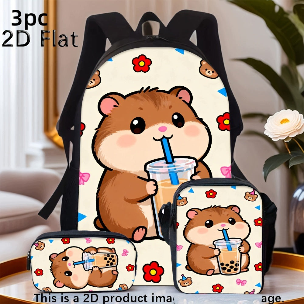 Cartoon Hamster Graphic 3-Piece Backpack Set with Shoulder Bag and Pencil Case