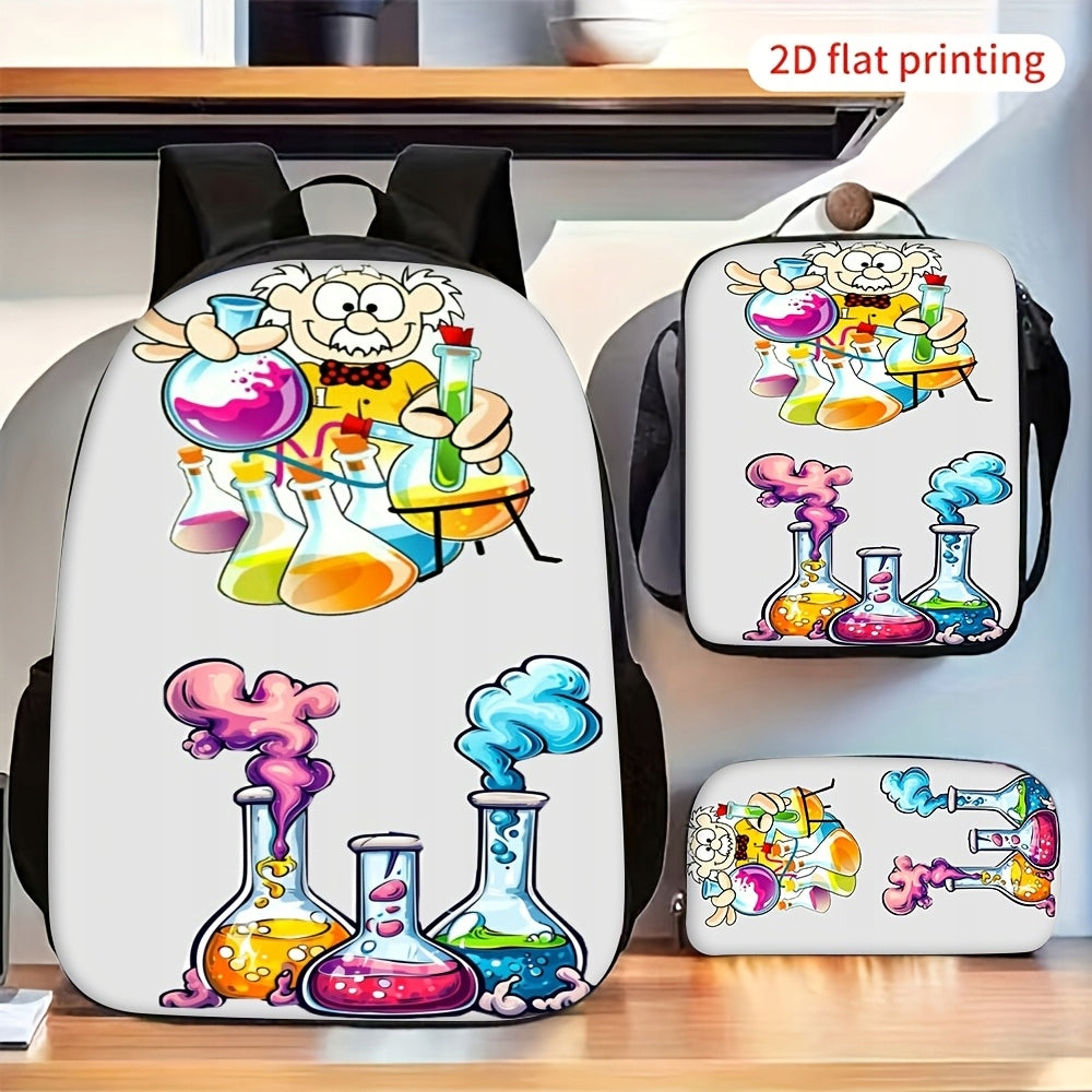 Cartoon Mad Scientist Chemistry Experiment Backpack Set Lunch Bag Pencil Case
