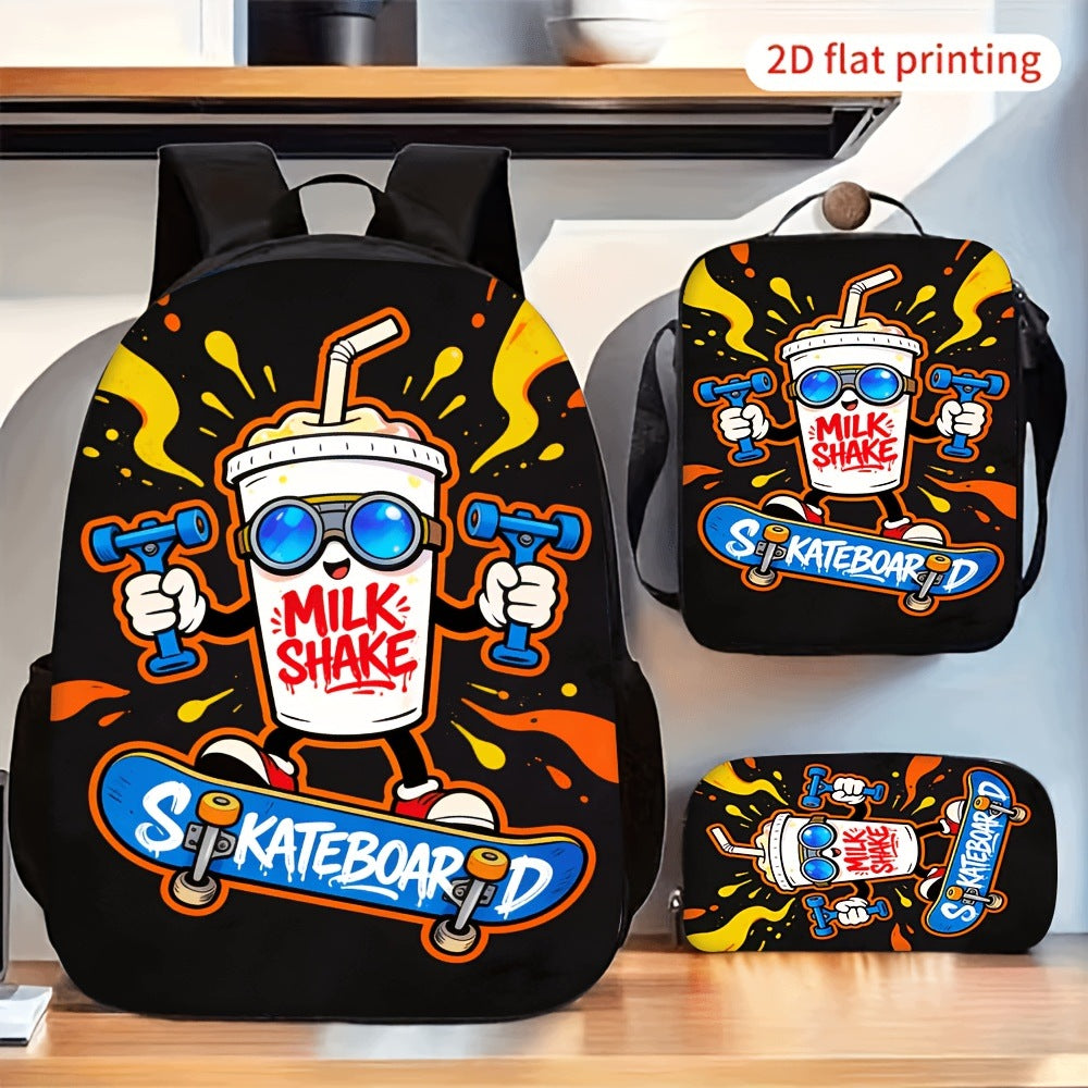 Cartoon Milkshake Skateboard Backpack Set Crossbody Bag