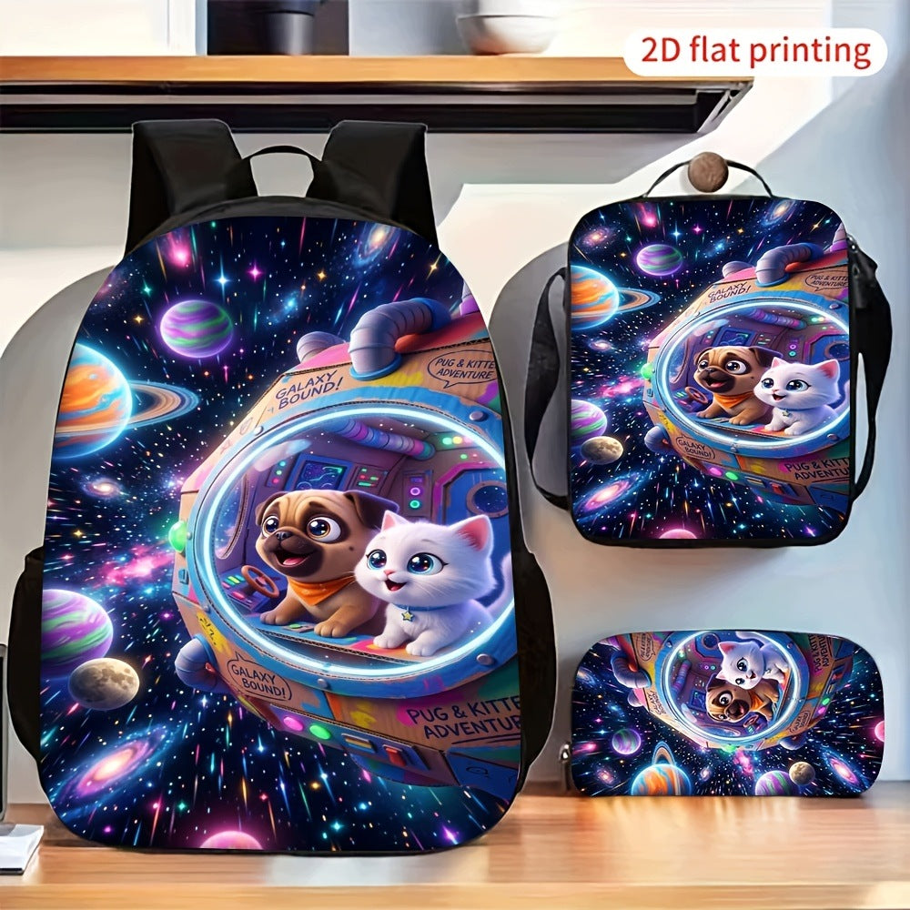 Cartoon Pug Cat Space Adventure Pattern 3-Piece Backpack Set