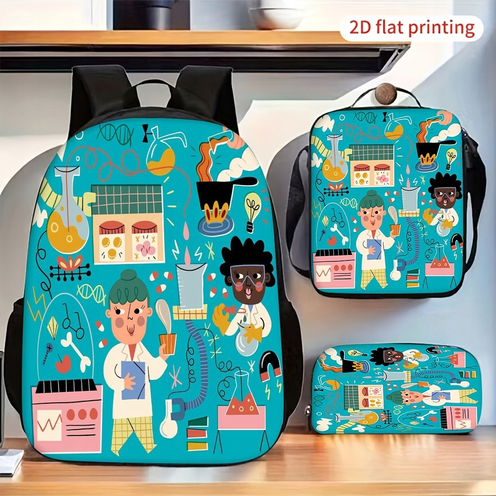 Cartoon Science Chemistry Experiment Pattern Casual Backpack Set