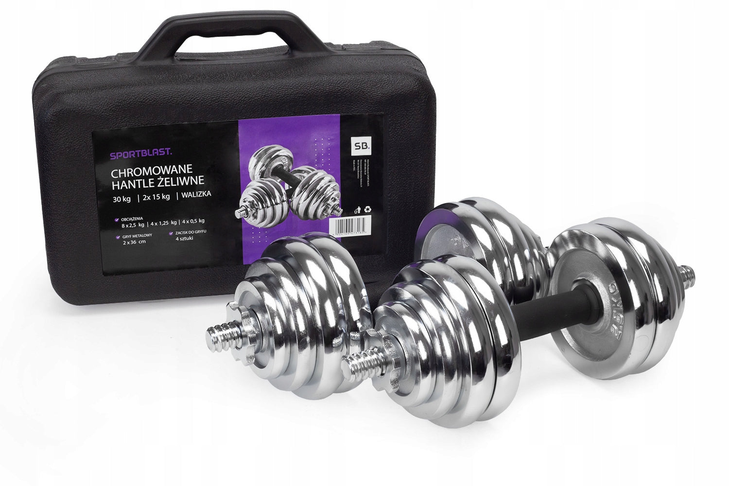 Cast Iron Dumbbells 2x15kg SUITCASE Adjustable Chrome Plate Set Griffins Brand SPORT BLAST