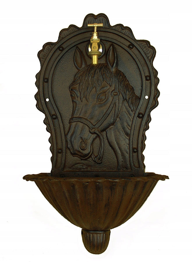 Cast iron wall-mounted garden sink with a horse spout, water fountain + tap