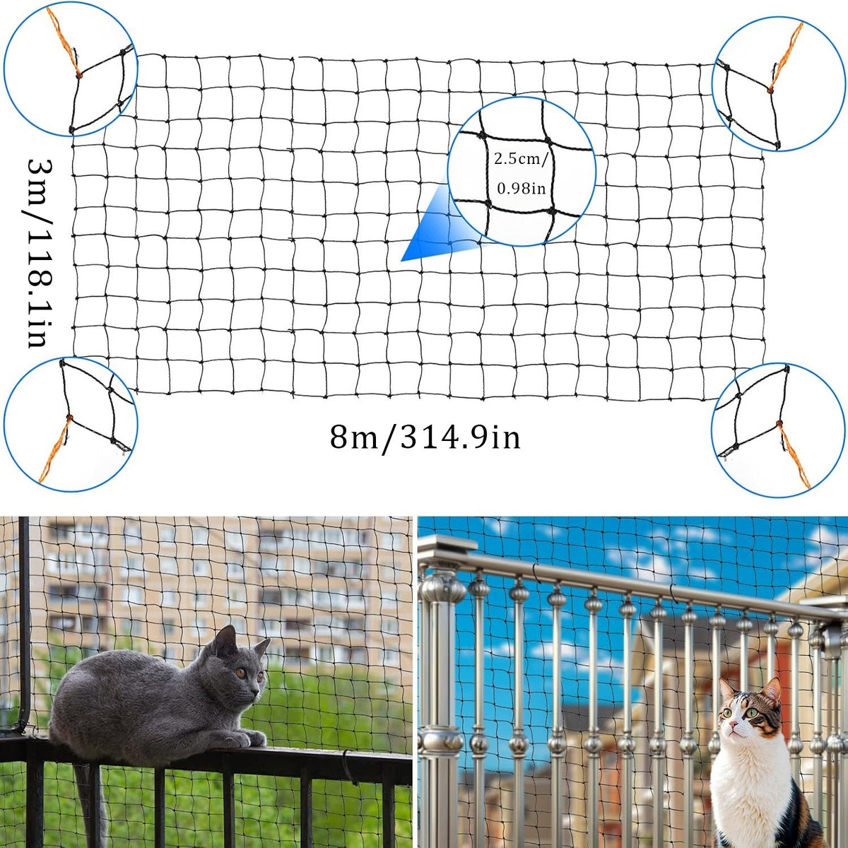 Cat Balcony Mesh Set 8x3m Eyelets 3x3cm Nylon Material Soft Packaging status original