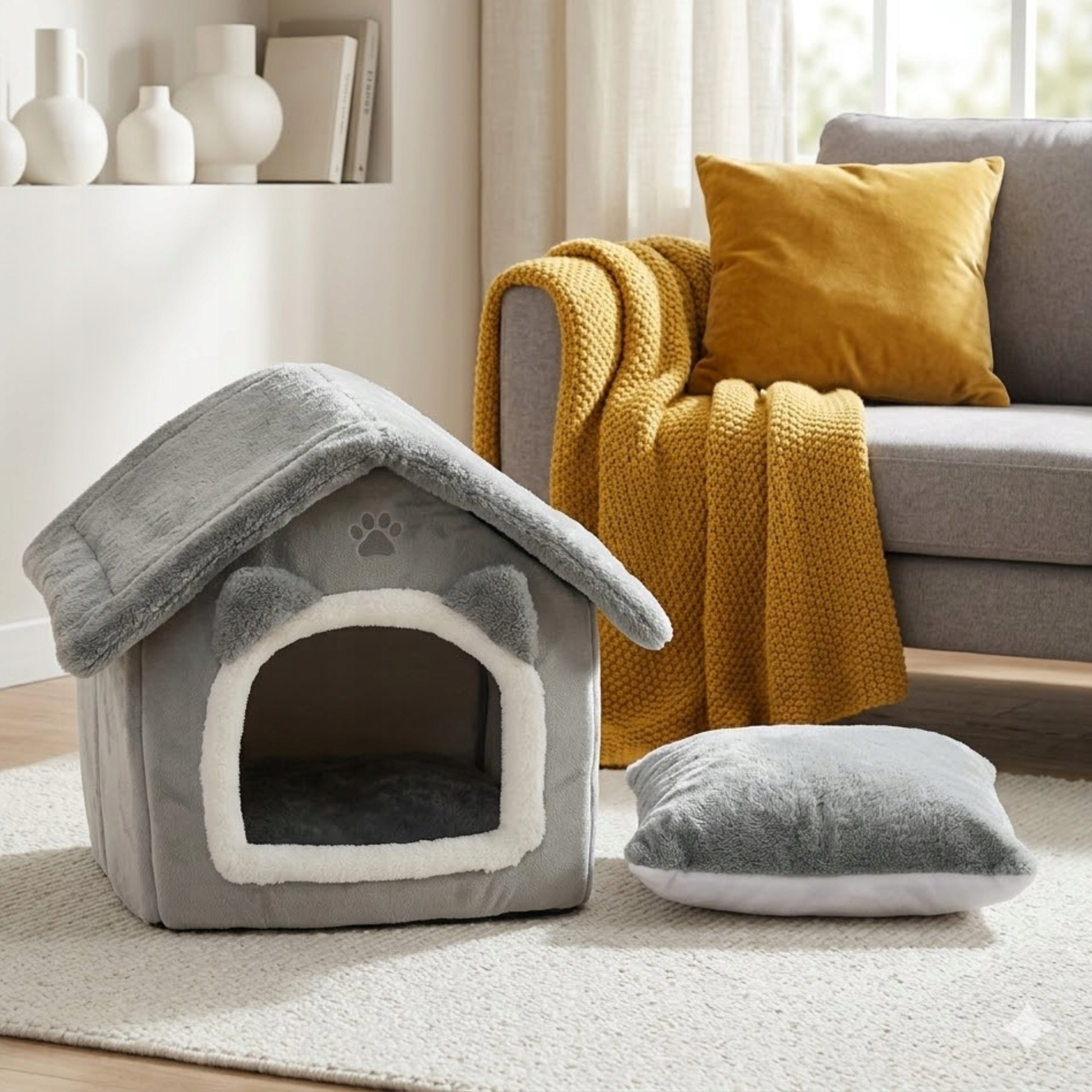 Cat Bed Cottage Booth Grey Closed Bedding Small Dog with Roof Brand Iso Trade
