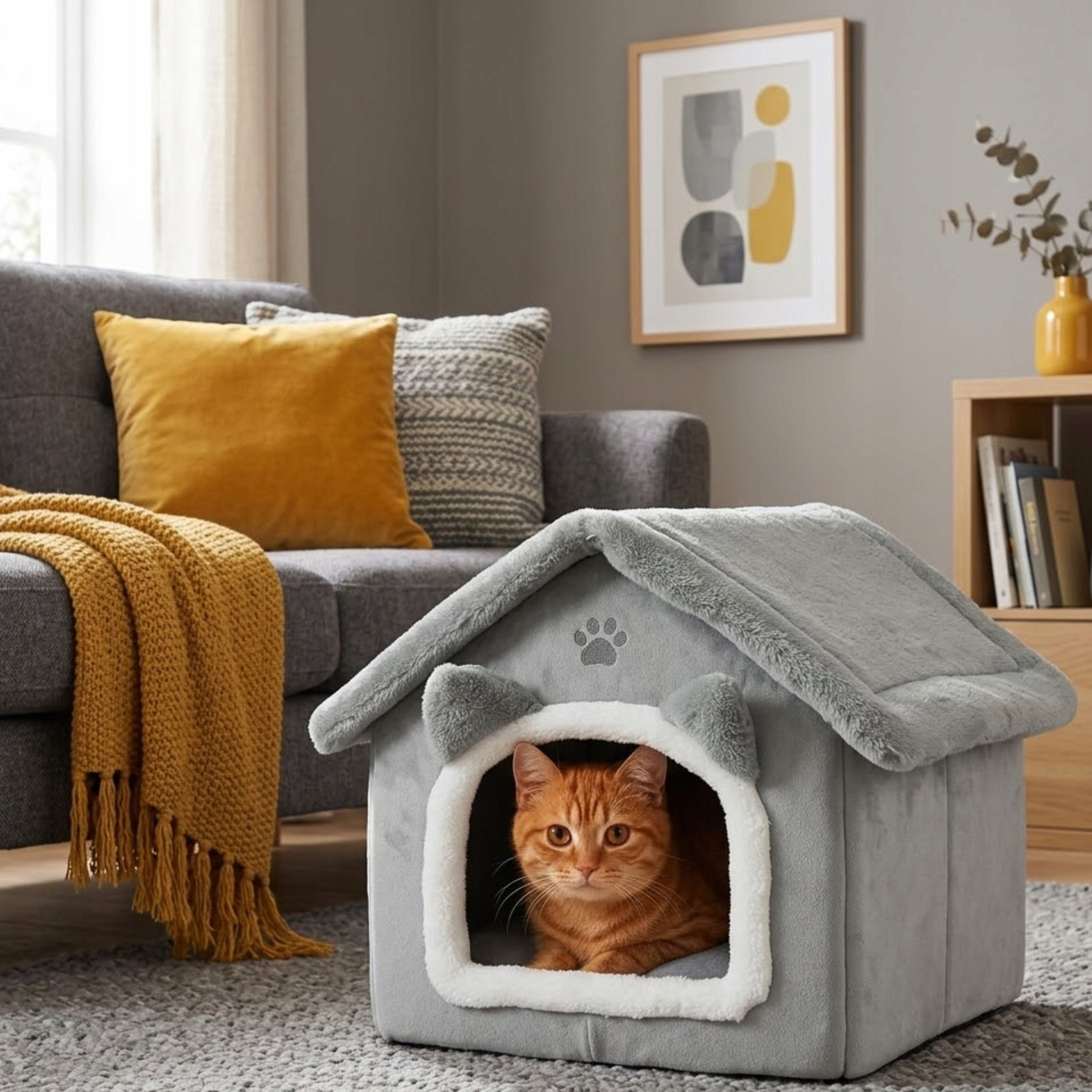 Cat Bed Cottage Booth Grey Closed Bedding Small Dog with Roof Packaging status original