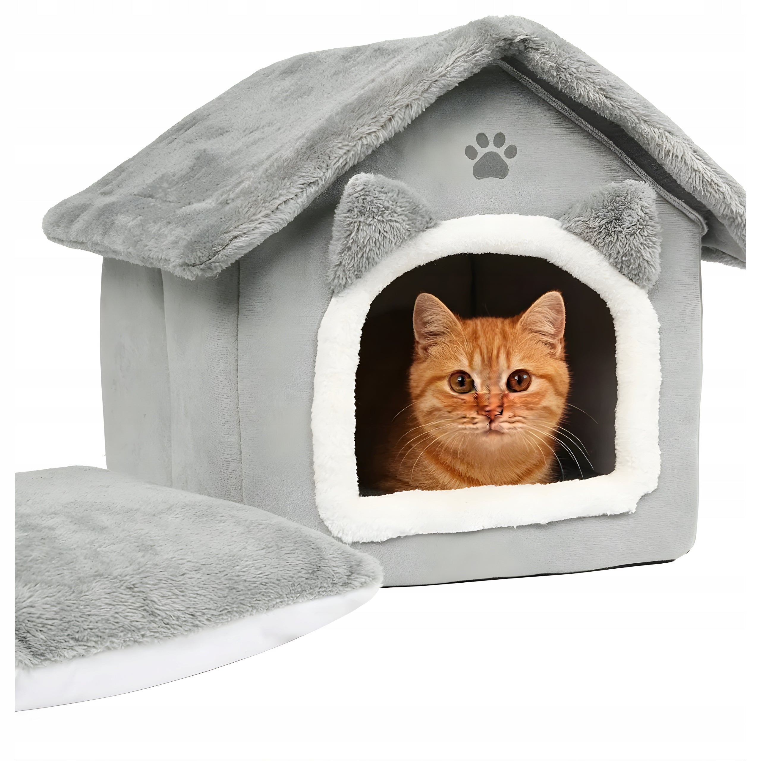 Cat Bed Cottage Booth Grey Closed Bedding Small Dog with Roof