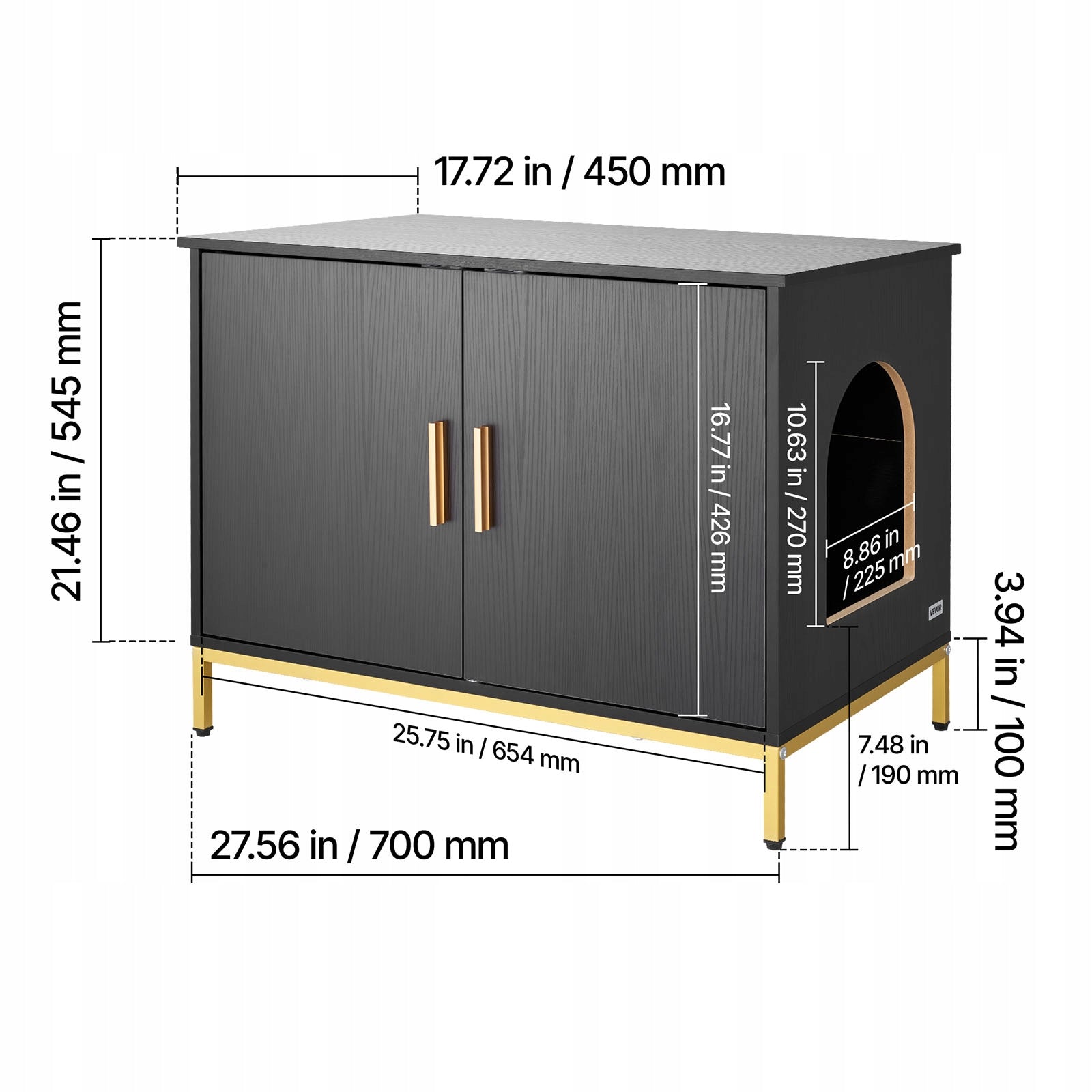 Cat Cabinet Black With Metal Legs And Handle 70CM For Bedroom EAN (GTIN) 197988705642