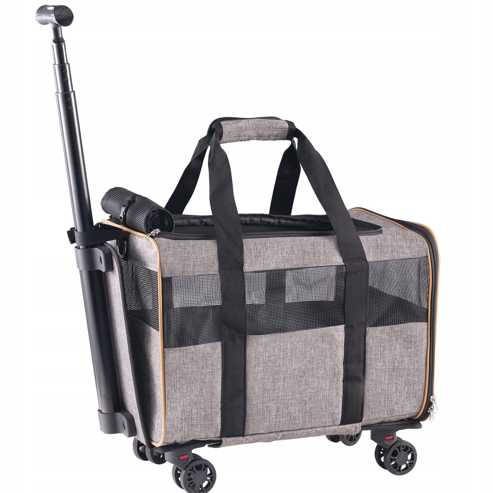 Cat Carrier with Wheels Airline Approved 22 lbs Grey with Folding Bowl