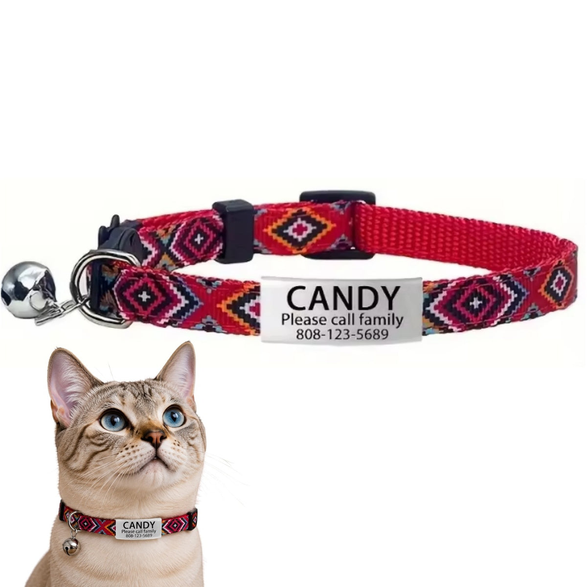 Cat Collar with Engraving Name and Phone Number 19-32 cm Red