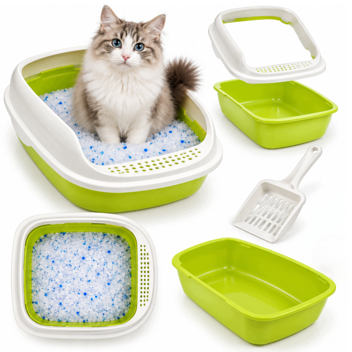Cat Cuvette Open Toilet with Litter Spatula with Frame 40x30cm Green