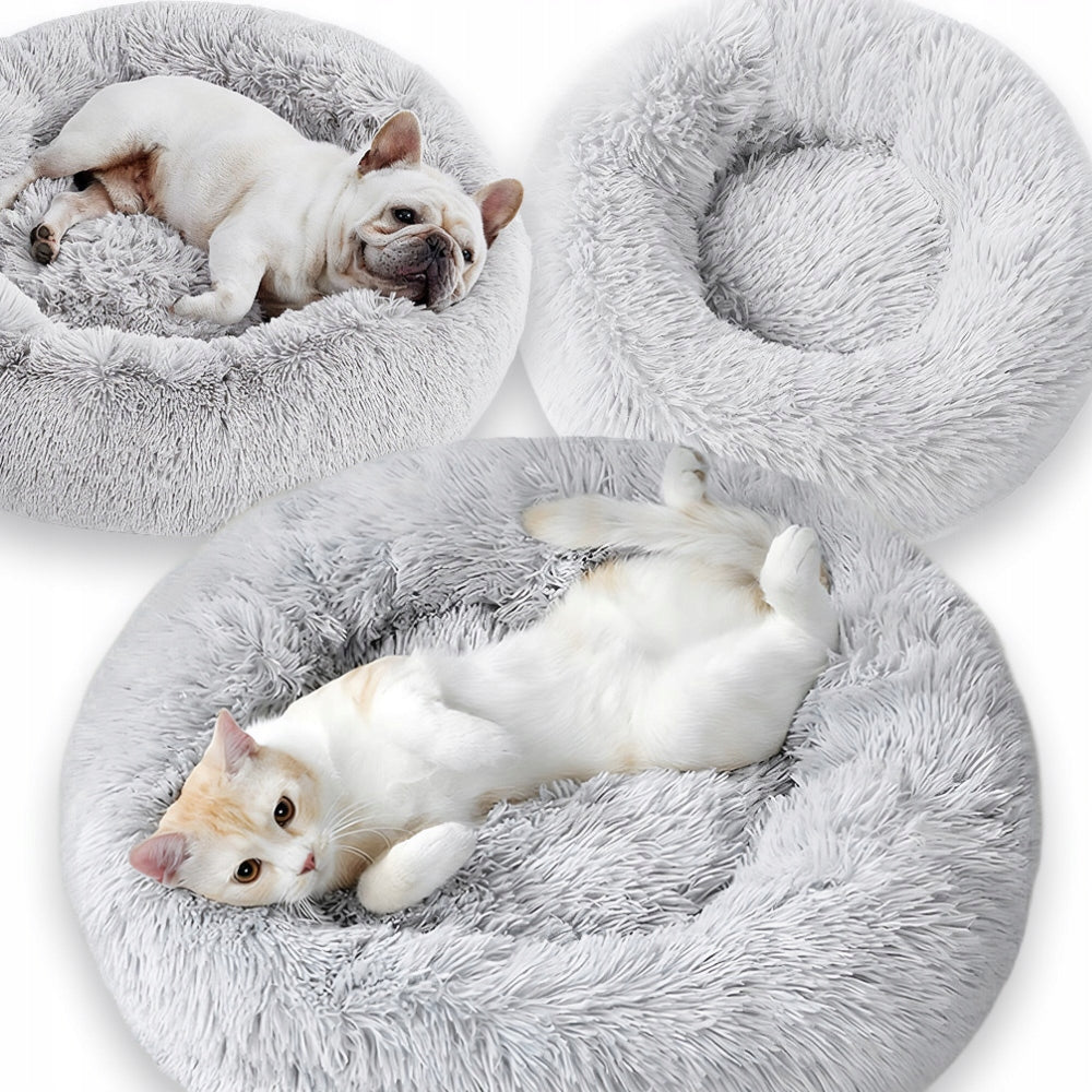 Cat Dog Bed Plush Round Grey Pillow Mattress 60x60cm L