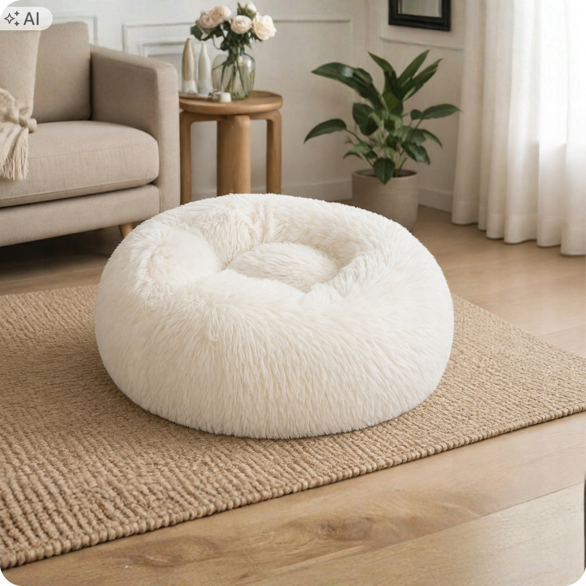 Cat Dog Bed Round Fluffy Fur Non-Slip White DH-03 Manufacturer code 348966
