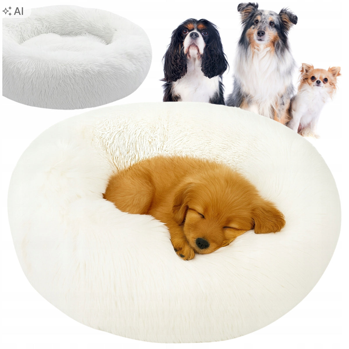 Cat Dog Bed Round Fluffy Fur Non-Slip White DH-03