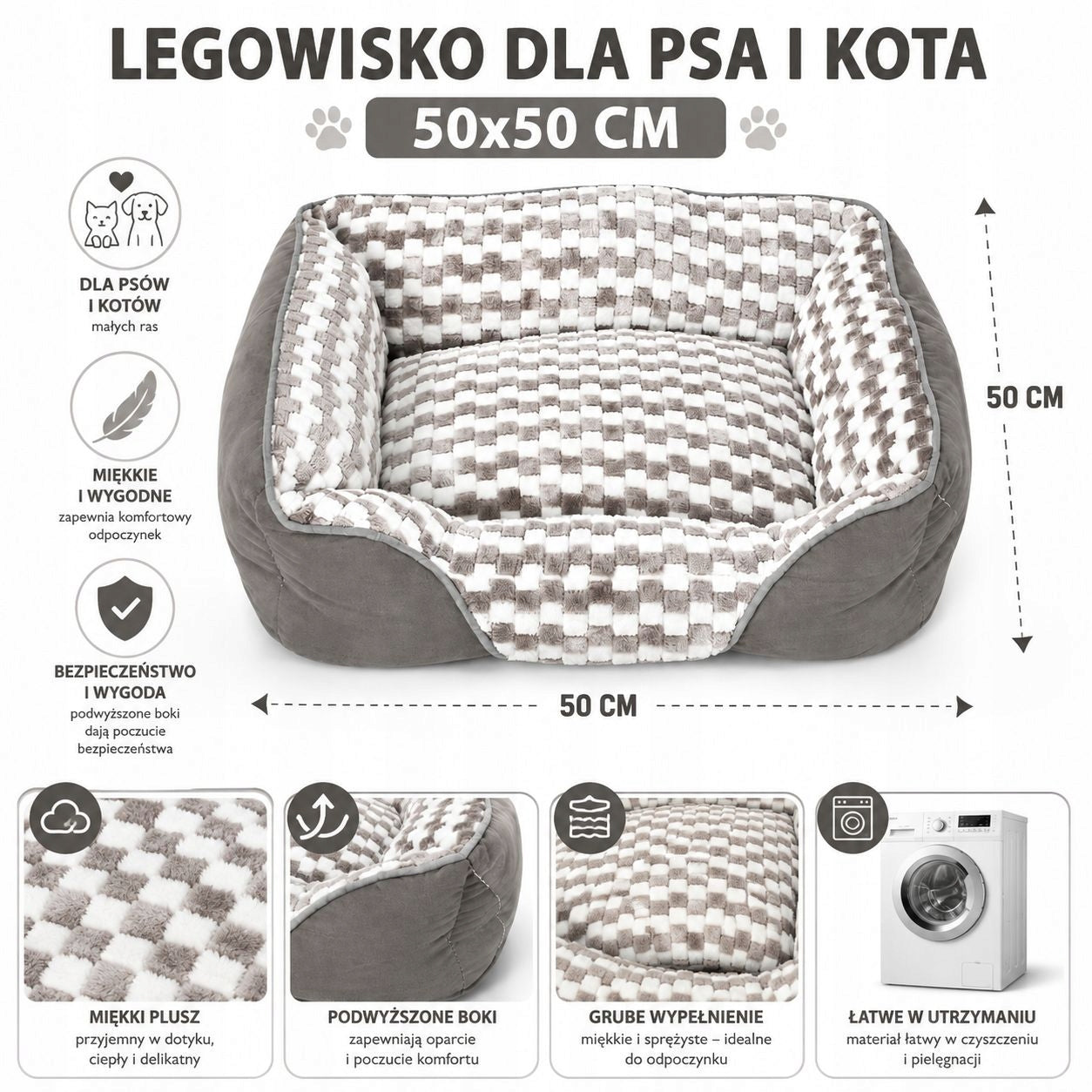 Cat Dog Bed TERKA 50x50 Soft Plush Grey Color gray
