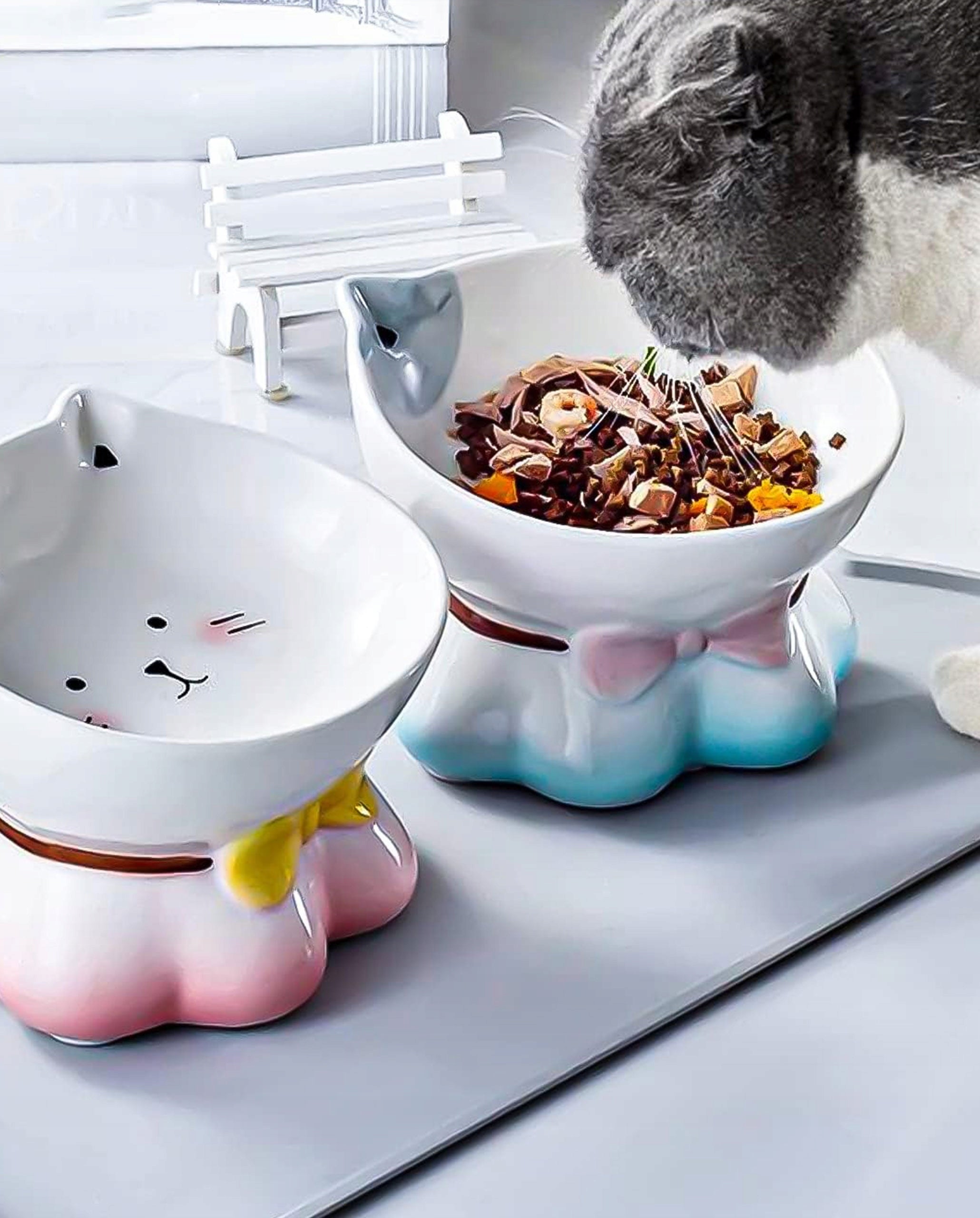 Cat Dog Bowl Mat Pad Waterproof Non-Slip with Ears Color gray
