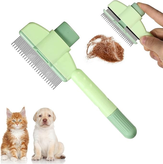 Cat Dog Brush Self-Cleaning for Hair Green with Button
