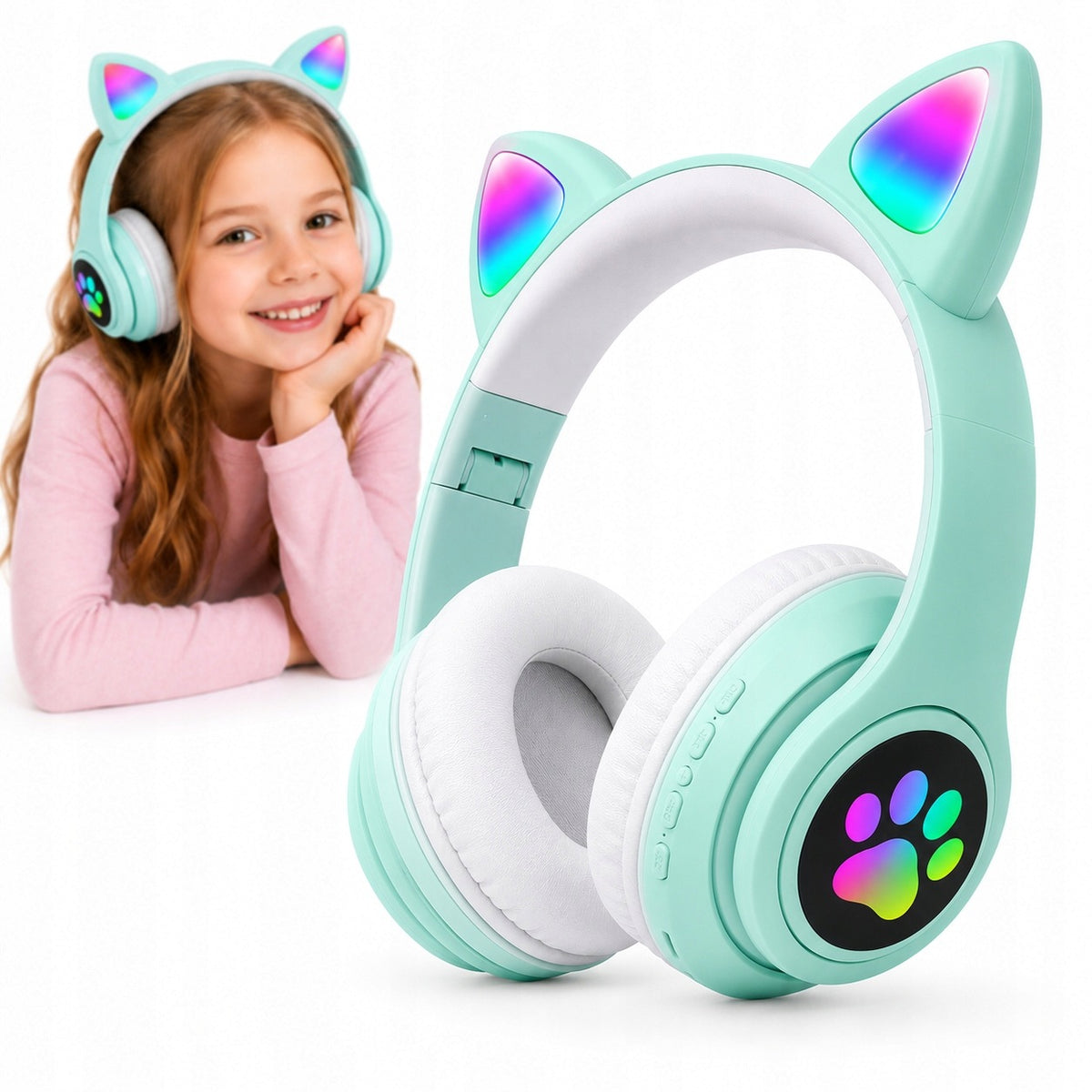 Cat Ear LED Wireless Headphones for Kids Green Bluetooth 5.0