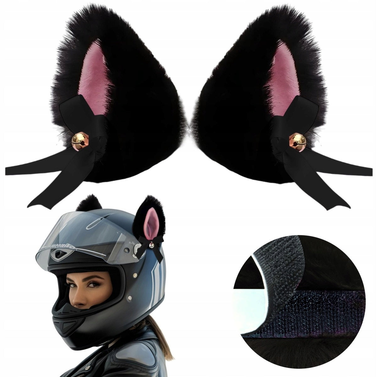 Cat Ears for Helmet Fur 2 Pcs Black with Bell