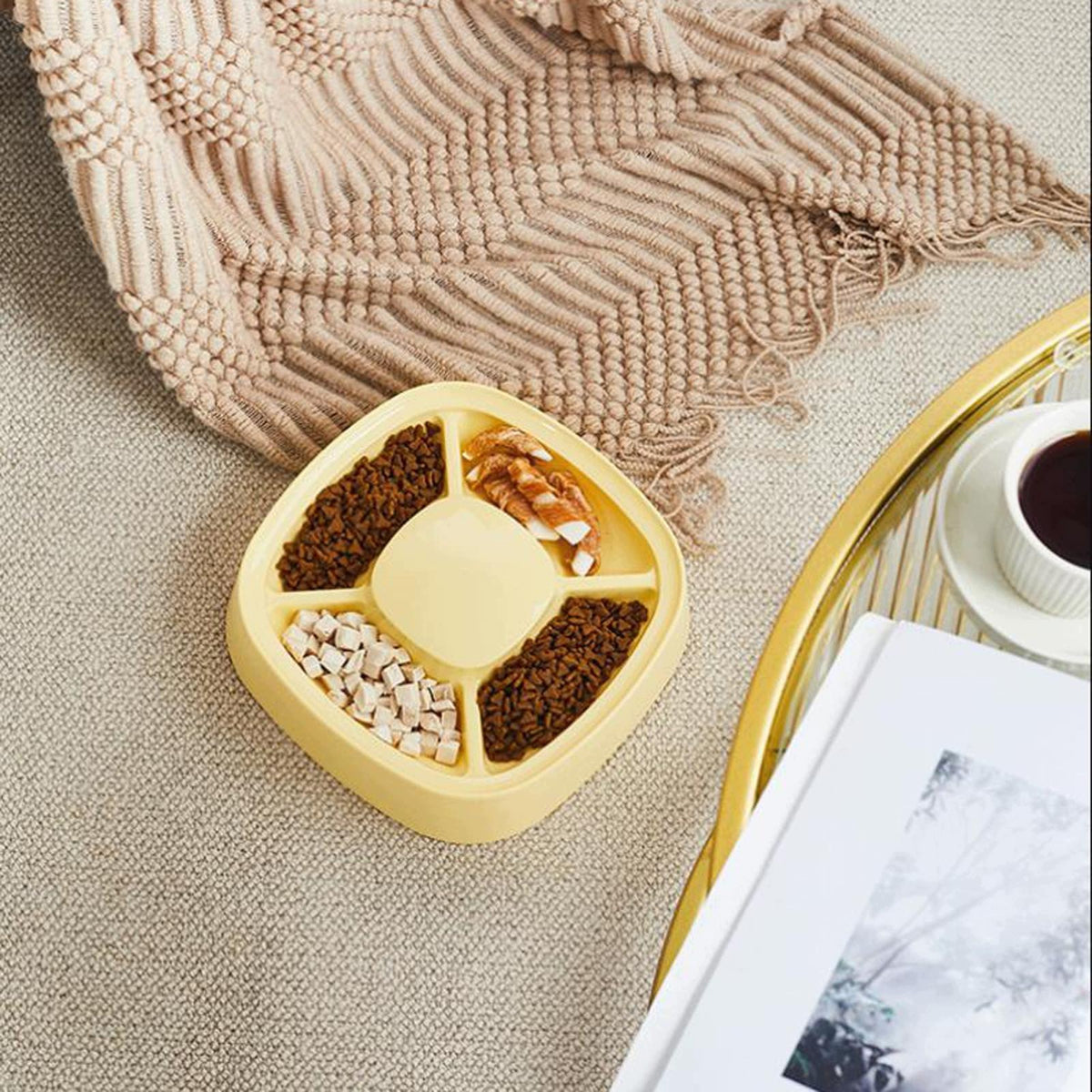 Cat Feeder Bowl with Food Dispenser Tray Multi Grid Pet Dish 4 Yellow