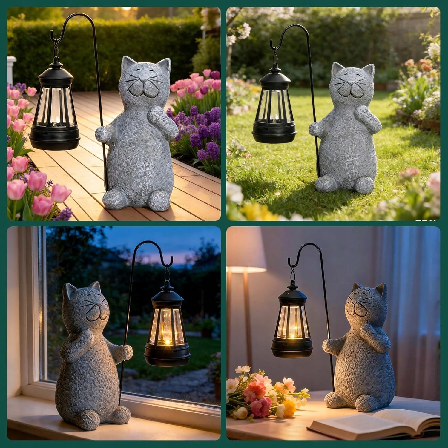 Cat Figurine with Solar Lantern Garden Ornament 20 cm Grey Gift BEDEE Kind decoration