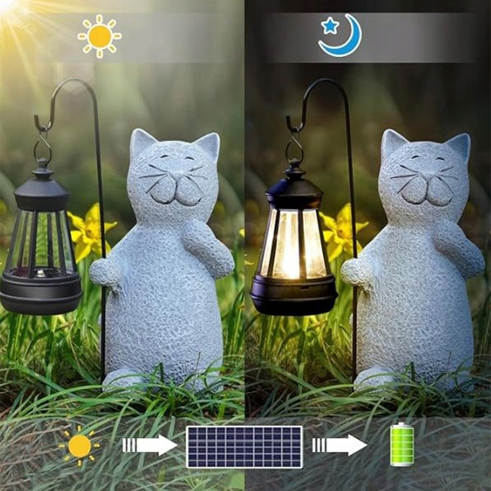 Cat Figurine with Solar Lantern Garden Ornament 20 cm Grey Gift BEDEE Manufacturer Bedee