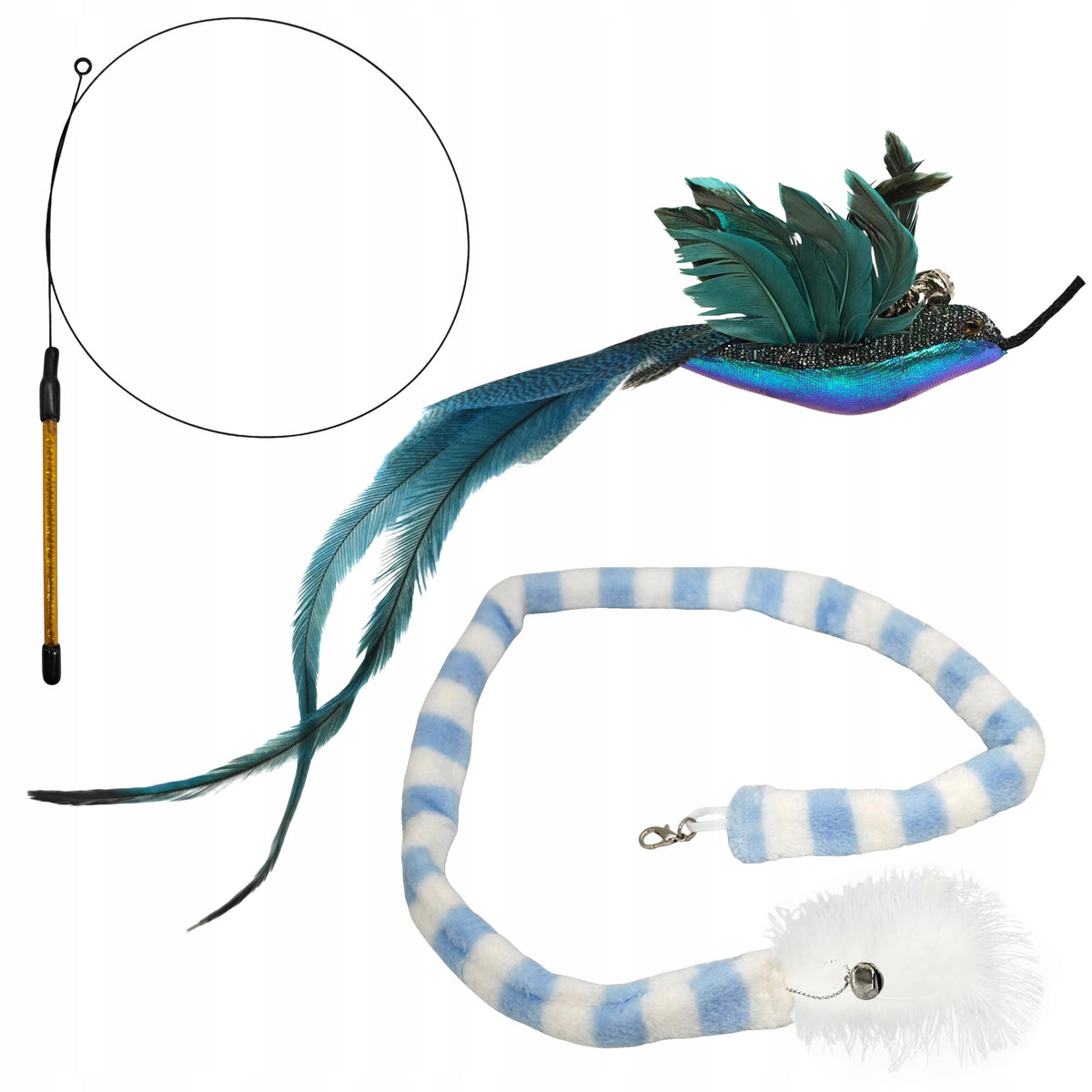 Cat Fishing Rod 2 Interchangeable Toys Hummingbird Tail Bell Feather Set Packaging status original