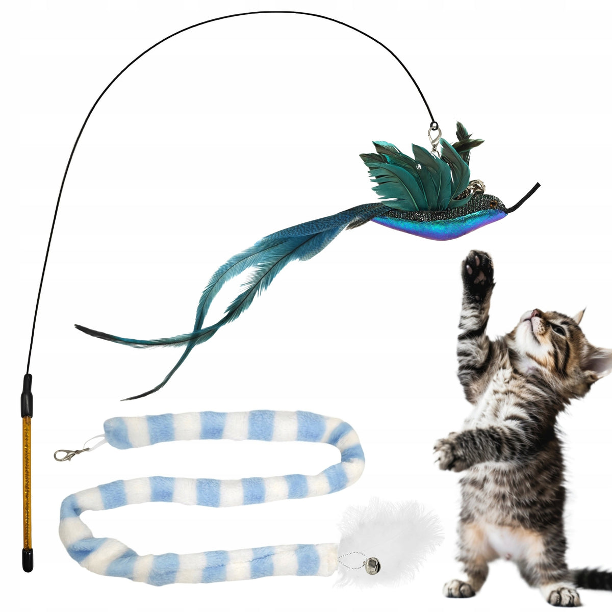 Cat Fishing Rod 2 Interchangeable Toys Hummingbird Tail Bell Feather Set