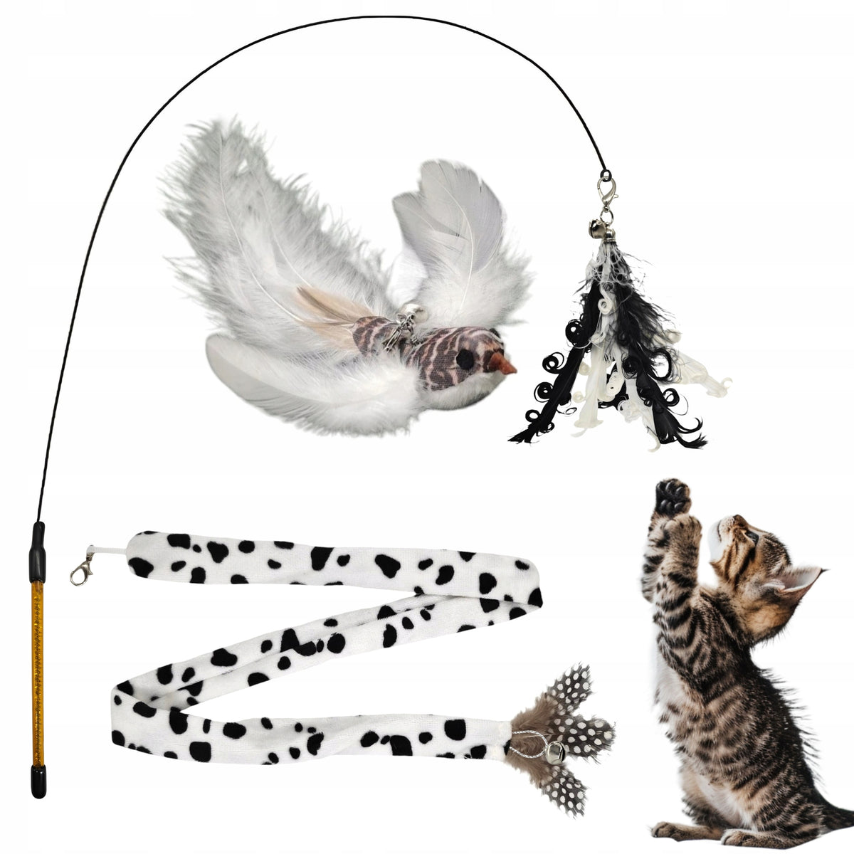 Cat Fishing Rod 3 Interchangeable Toys with Bell Bird Feather Tail Set